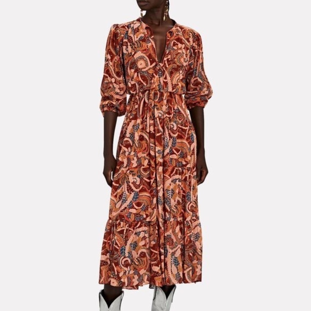 A.L.C Marlowe Silk Chiffon Midi Dress Boho Orange Fall Floral Size 8